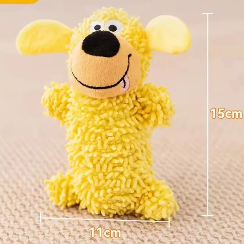 A yellow plush dog toy with large ears and a smiling face, shown against a white background.