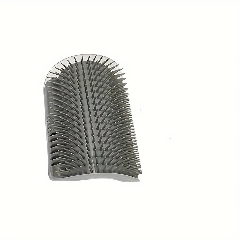 A silver cat self-groomer wall-mounted massage comb with numerous fine teeth.
