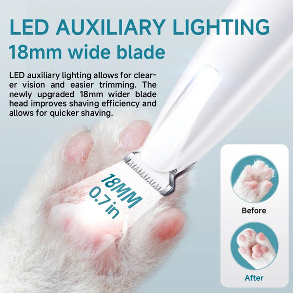 Close-up of an LED auxiliary lighting trimmer with an 18mm blade being used on pet fur.
