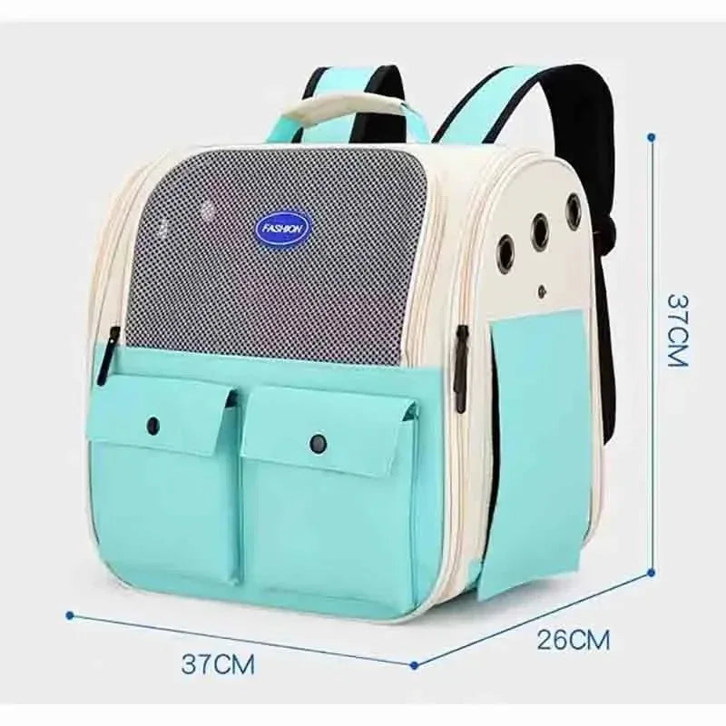 A light blue ventilated cat carrier backpack with adjustable straps shown from the back.