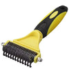A yellow and black two-sided pet grooming brush for dogs and cats.