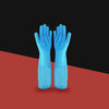 A pair of light blue pet grooming gloves for dogs and cats displayed against a red background.