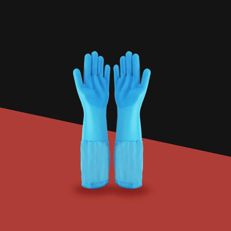 A pair of light blue pet grooming gloves for dogs and cats displayed against a red background.