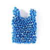 A close-up of a reusable foldable bubble shopping bag made of bright blue ruffled fabric.