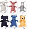 A collection of soft corduroy squeaky dog toys featuring various animal designs like a white lamb, pink pig, gray bear, and b