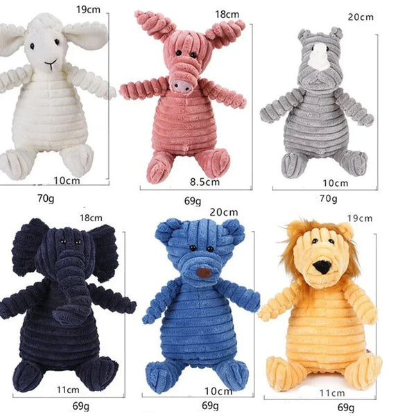 A collection of soft corduroy squeaky dog toys featuring various animal designs like a white lamb, pink pig, gray bear, and b