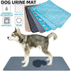 A dog is standing on a blue pet training mat with absorbent and anti-slip features.