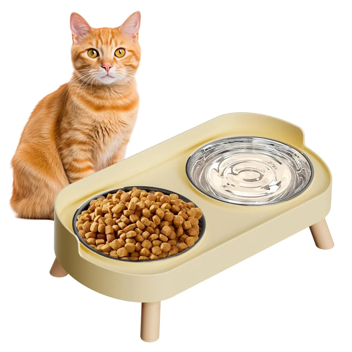 An orange tabby cat sits next to a light yellow elevated bowl set containing dry food and water.