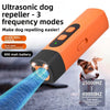 Orange ultrasonic dog repeller device with a blue tip demonstrating high-frequency ultrasound waves.