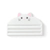 A white reusable cat food pouch scraper shaped like a cute cat face.