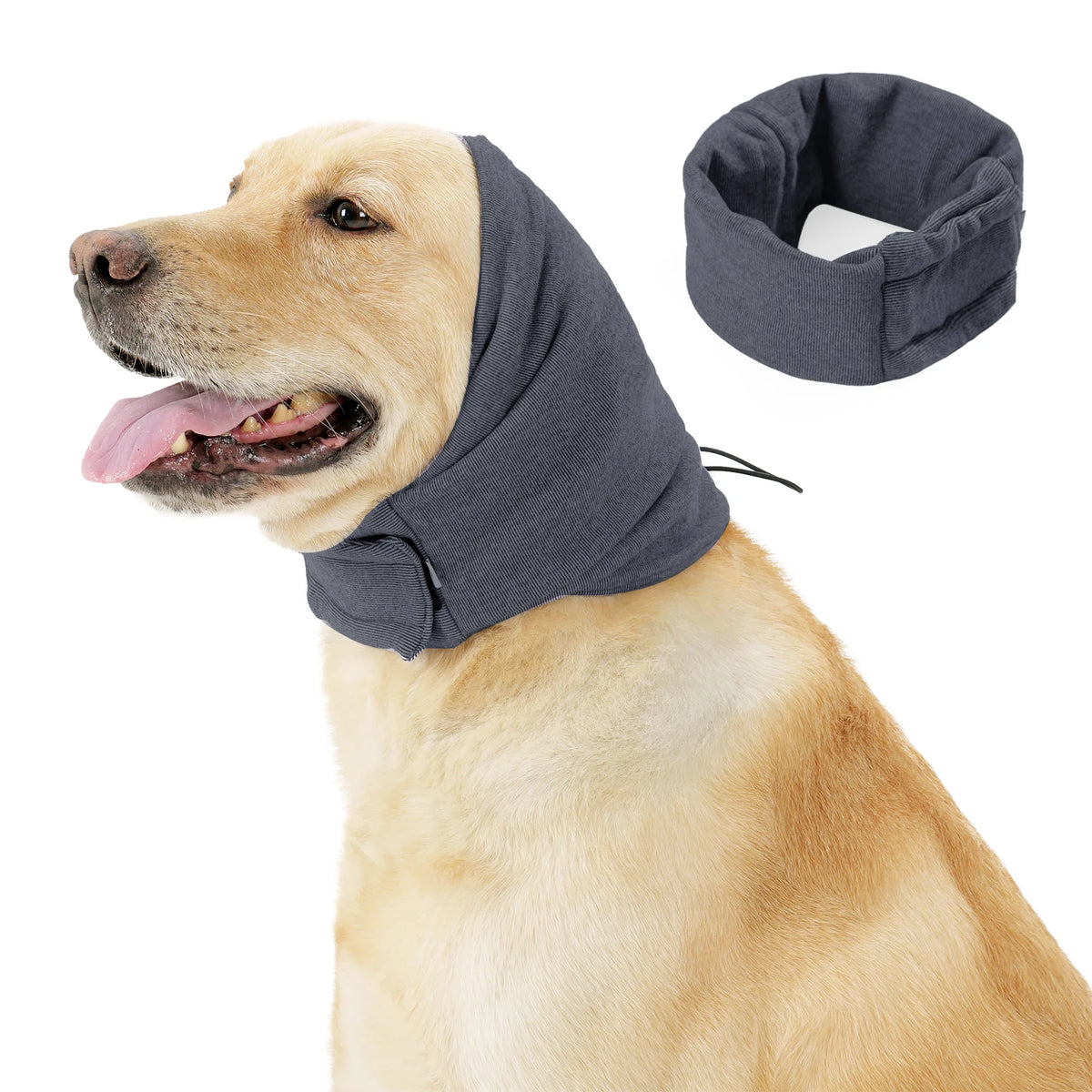 Ein goldener Retriever trägt einen grauen beruhigenden Hoodie und Ohrenschutz für Hunde
