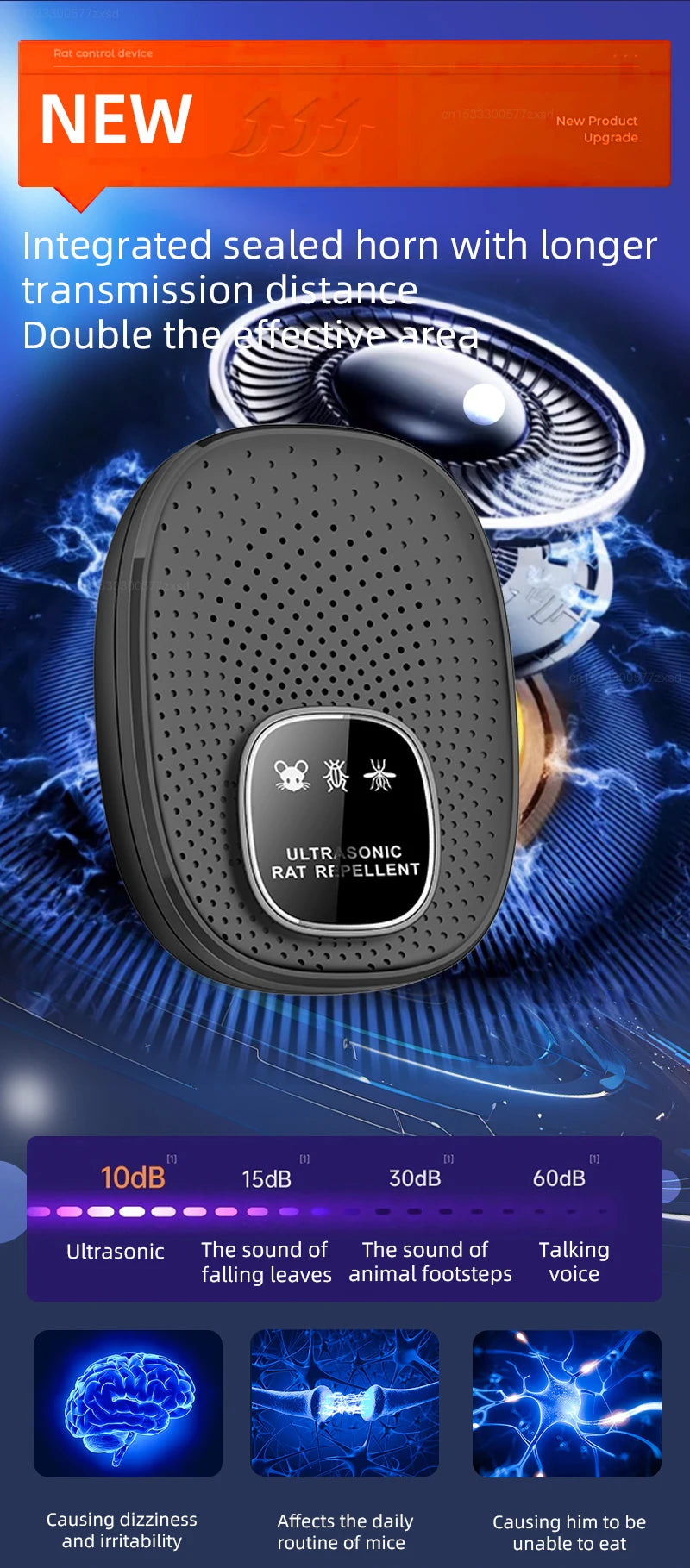Black ultrasonic rat repellent device with a sealed horn, demonstrating its use against mice.