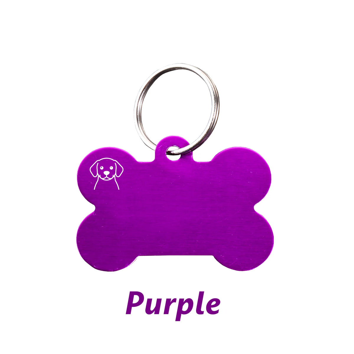 Purple bone-shaped dog ID tag with a silver keyring.