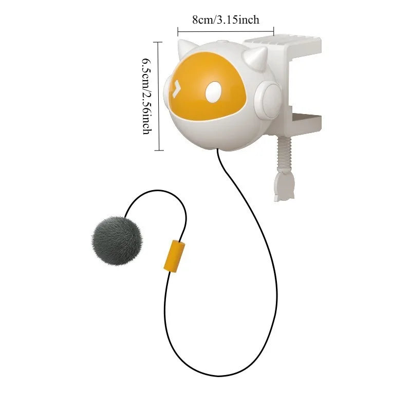 A white and orange automatic lifting cat toy ball with a string for interactive play.