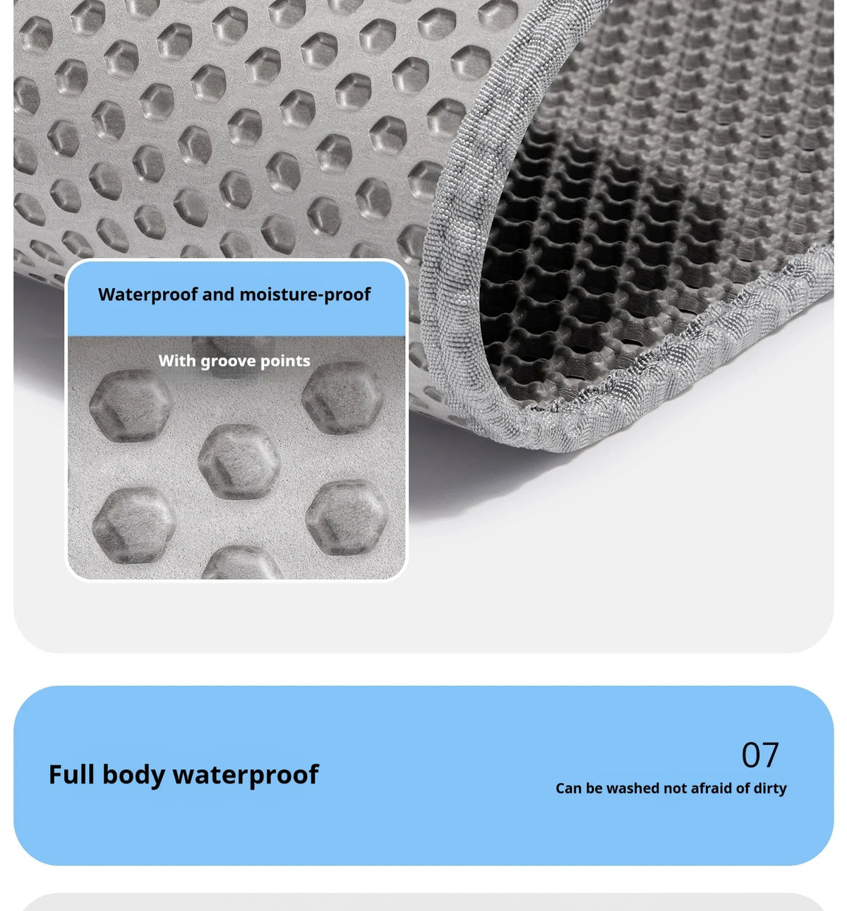 Close-up view of a honeycomb cat litter mat showing waterproof features and groove points.