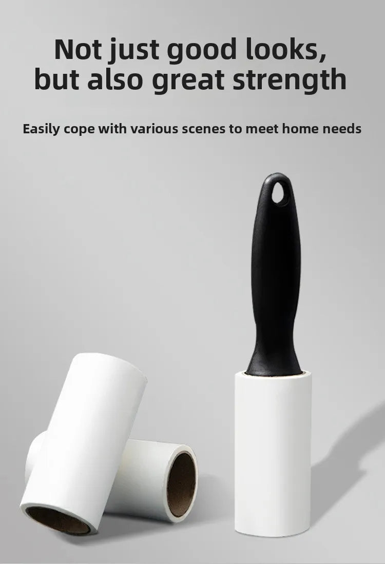 A black heavy-duty lint roller is shown next to two white rolls, demonstrating its strength for pet hair removal.