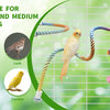 A colorful bird rope perch stand is shown with various small and medium parrots, including budgerigars, larks, lovebirds, and