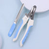 A pair of white and light blue stainless steel pet nail clippers for dog and cat grooming
