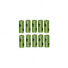 A set of twelve green heavy duty cat litter shovels with refill bags arranged in a row.