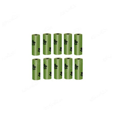 A set of twelve green heavy duty cat litter shovels with refill bags arranged in a row.