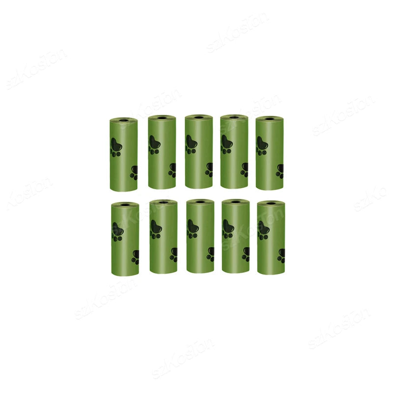 A set of twelve green heavy duty cat litter shovels with refill bags arranged in a row.