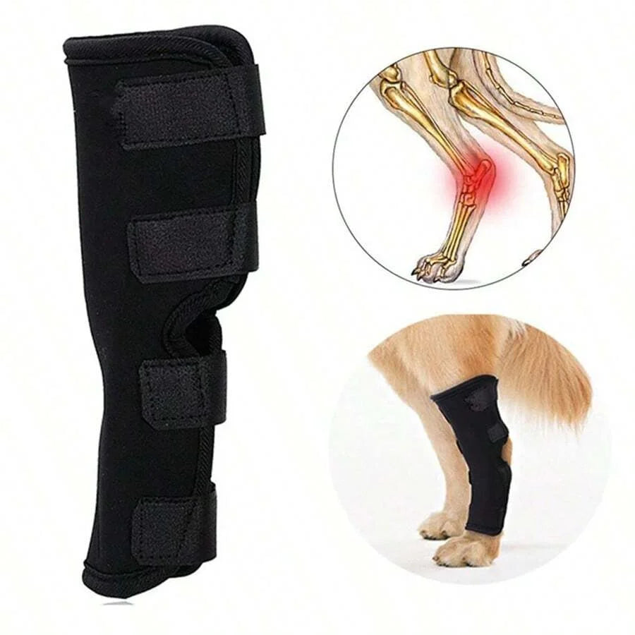 Férula de soporte para la rodilla de mascota negra con diagramas de protección articular y aplicación en la pata de un perro