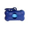 A blue bone-shaped poop bag dispenser with a clip and an opening for bags.
