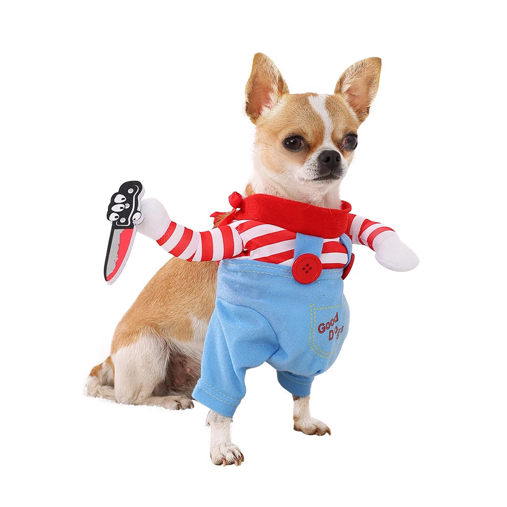 Un petit chien portant une tenue d'Halloween avec une chemise rayée rouge et blanche et un pantalon bleu à bretelles.