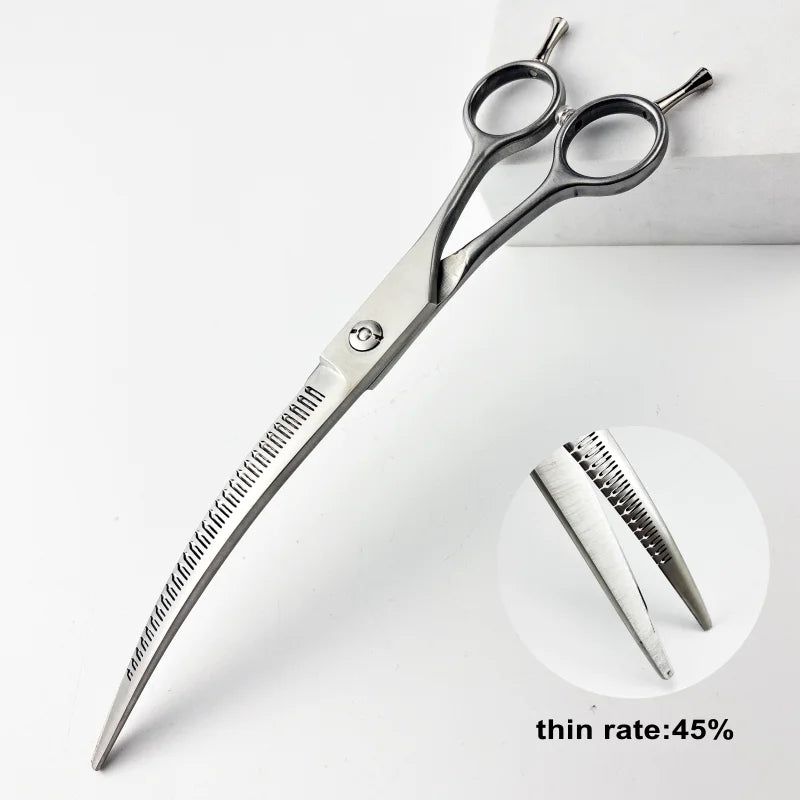 Silberne gebogene Haarschere für Haustiere mit markierter Klinge und Diagramm zur feinen Rate von 45%