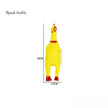 A yellow rubber chicken dog toy with a red beak and feet, shown in a vertical view.