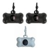 Black bone-shaped poop bag dispenser with a clip and a light gray silicone component.