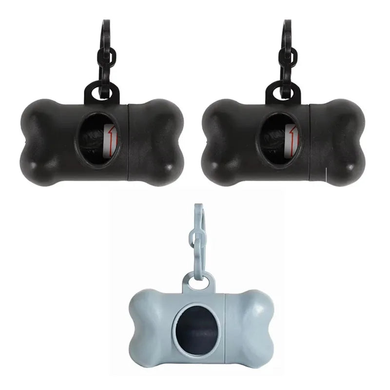 Black bone-shaped poop bag dispenser with a clip and a light gray silicone component.