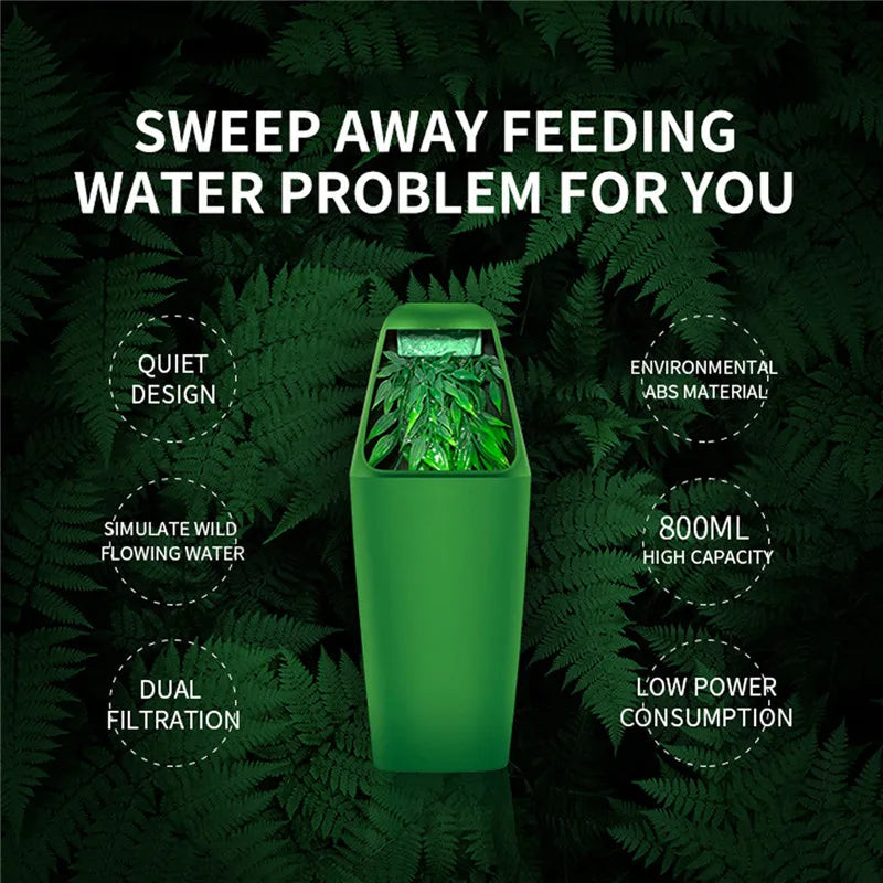 A green reptile drinking water filter fountain with a quiet design and dual filtration features.