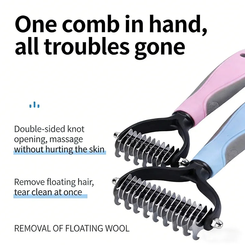 A pink and blue double-sided stainless steel comb used for removing floating wool from cats and dogs.