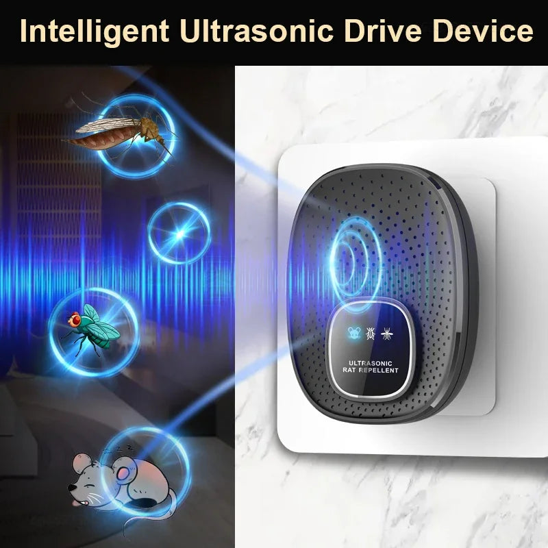 A black ultrasonic drive device is shown next to a visual demonstration of its use against rodents.