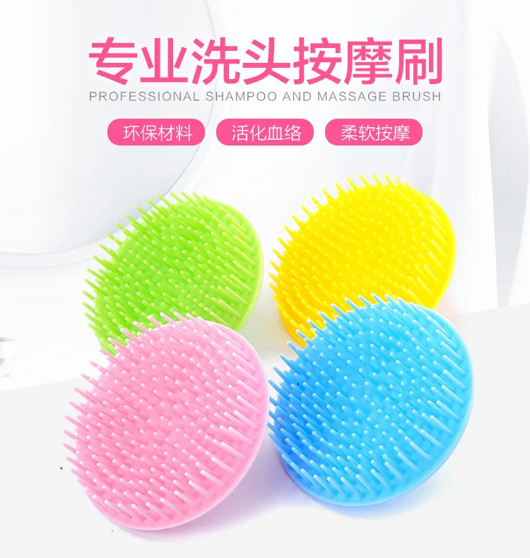 A set of three silicone shampoo and massage brushes in green, yellow, and blue are displayed on a white background.