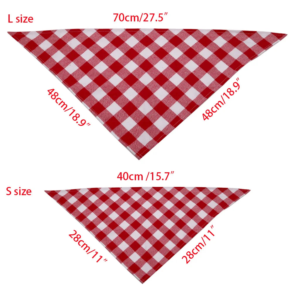 A red and white checkered plaid dog bandana shown in both large and small sizes.