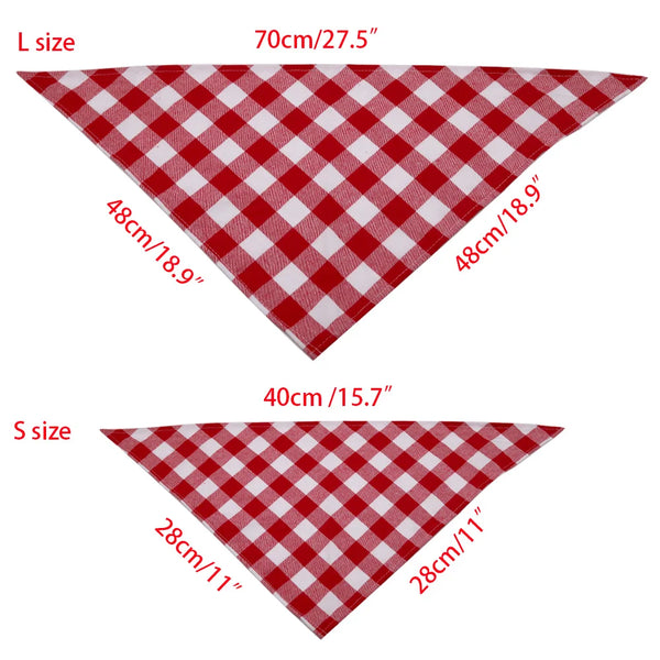 A red and white checkered plaid dog bandana shown in both large and small sizes.