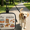 A beige dog training treat pouch with a hook and zipper, featuring illustrations of various dog treats.