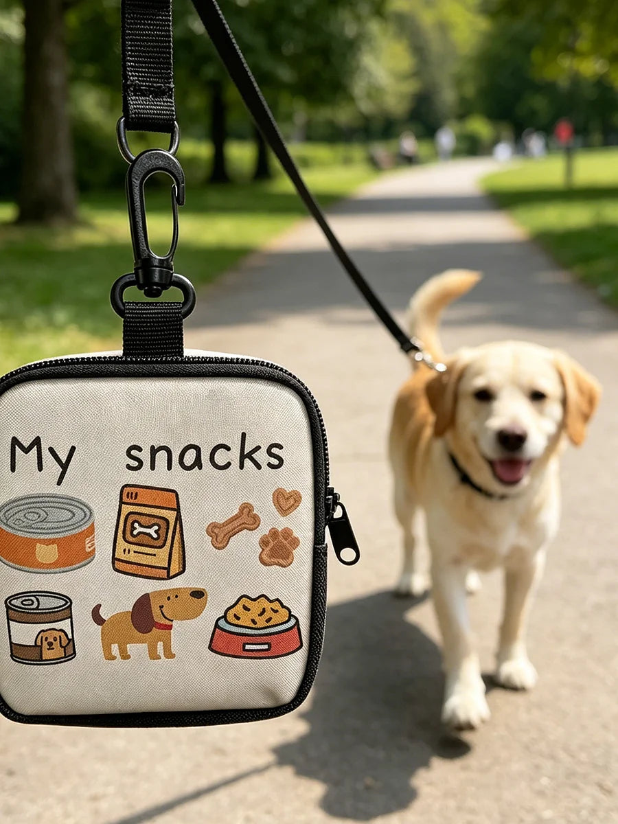 A beige dog training treat pouch with a hook and zipper, featuring illustrations of various dog treats.