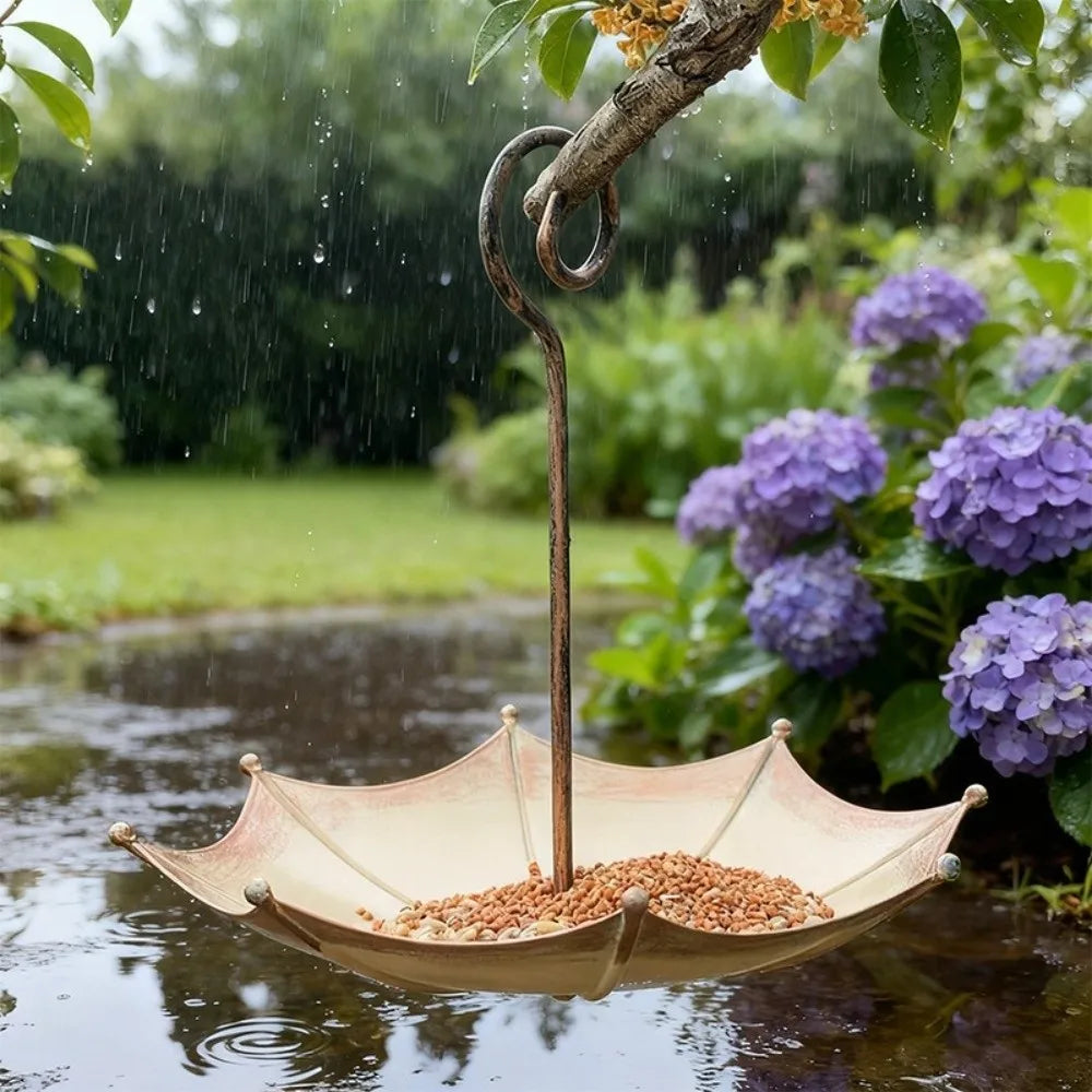 An umbrella-shaped hanging bird feeder is suspended from a branch over water with seeds inside.