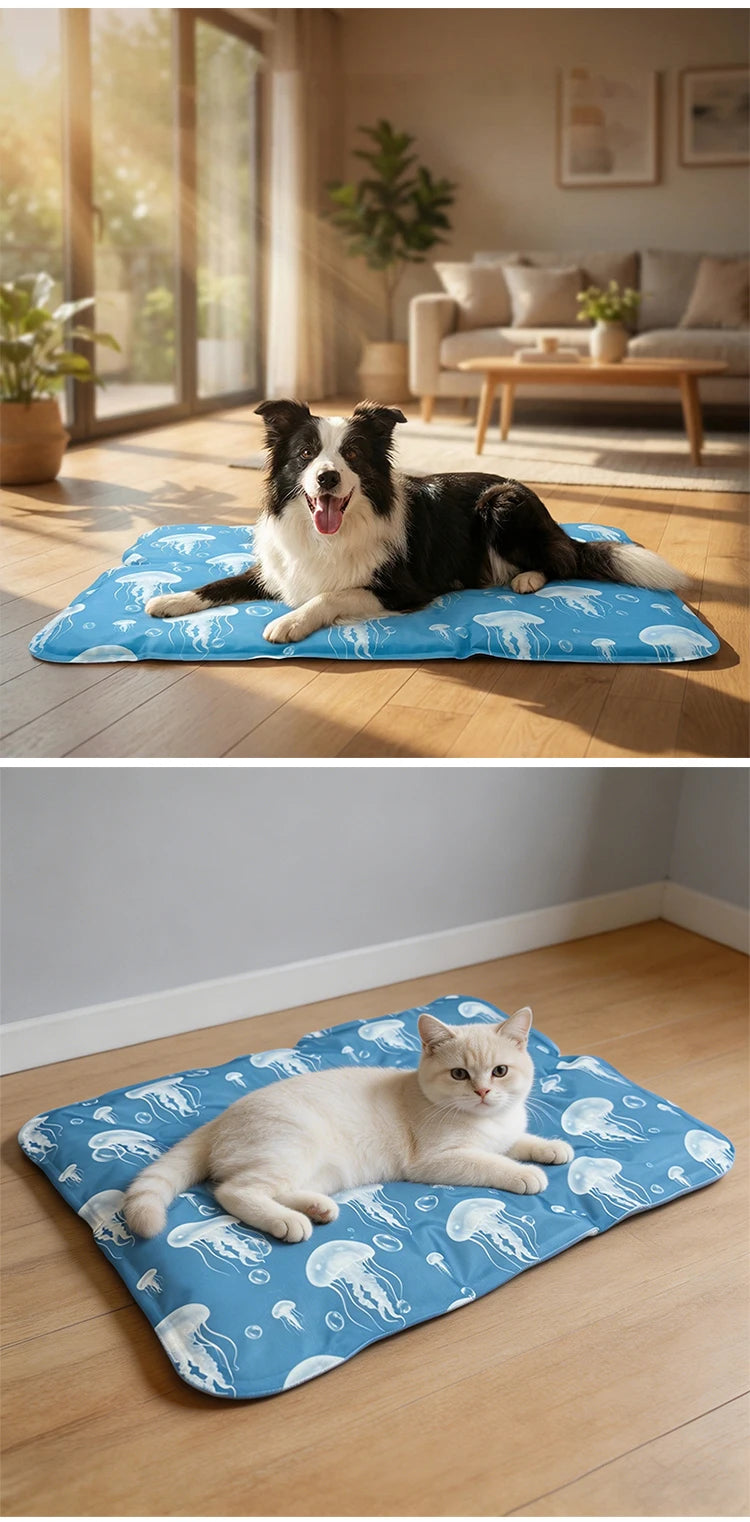 A blue pet mat with white octopus designs is placed on a wooden floor, featuring a calm cat.