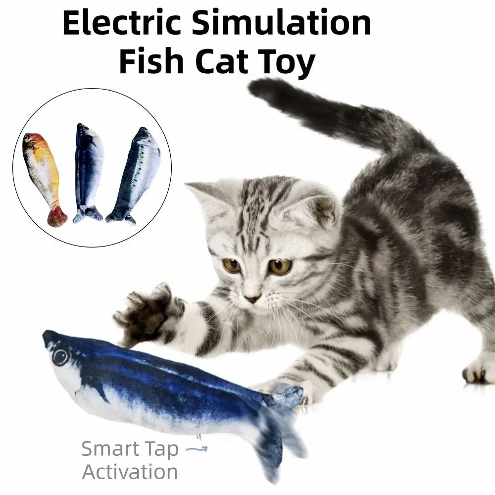 Eine tabby-Kitten spielt mit einem elektrischen Simfischspielzeug, das intelligente Tipp-Aktivierung demonstriert.