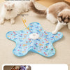 A fluffy cat is playing with a blue, star-shaped interactive toy designed to tease its nature.