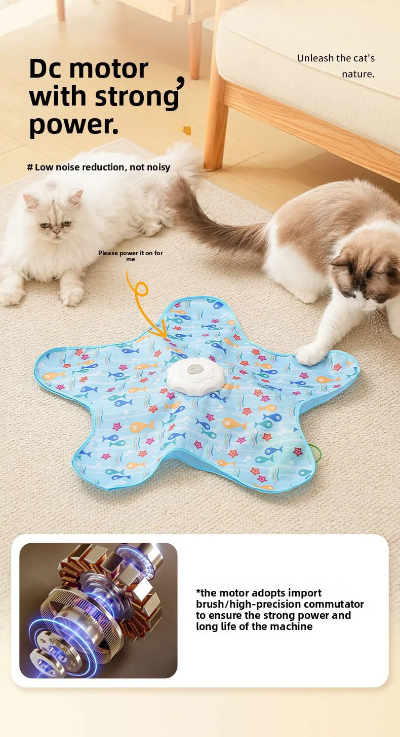 A fluffy cat is playing with a blue, star-shaped interactive toy designed to tease its nature.