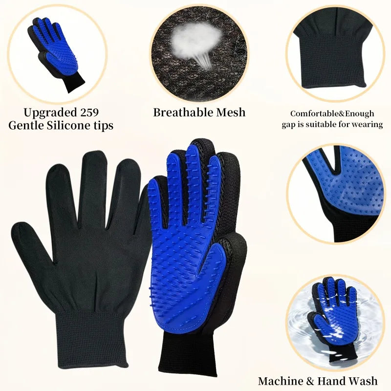 Un juego de guantes de silicona negros y azules para masaje y eliminación de pelo de mascotas, mostrando diversas funciones y