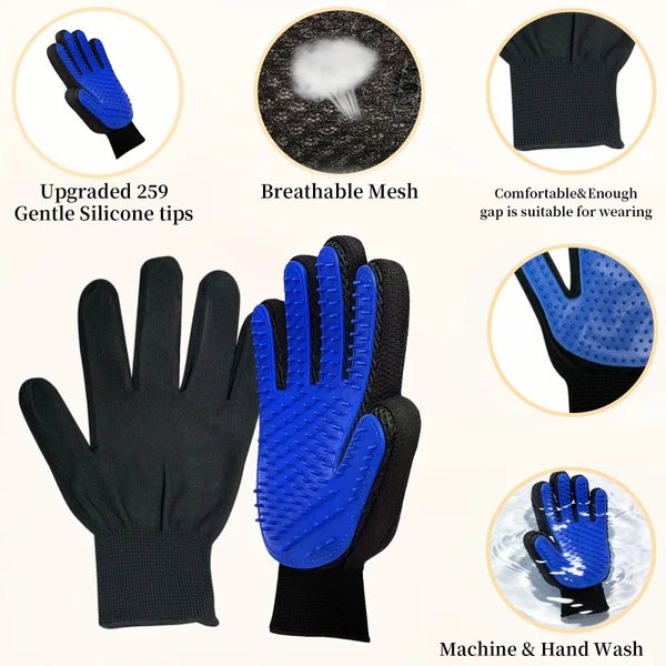 A set of black and blue silicone gloves for pet massage and hair removal, showing various features and usage.
