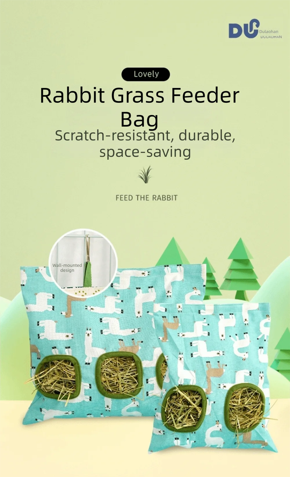 Sac en tissu bleu sarcelle rempli de foin, avec un motif de lapins et de paysages de forêt.