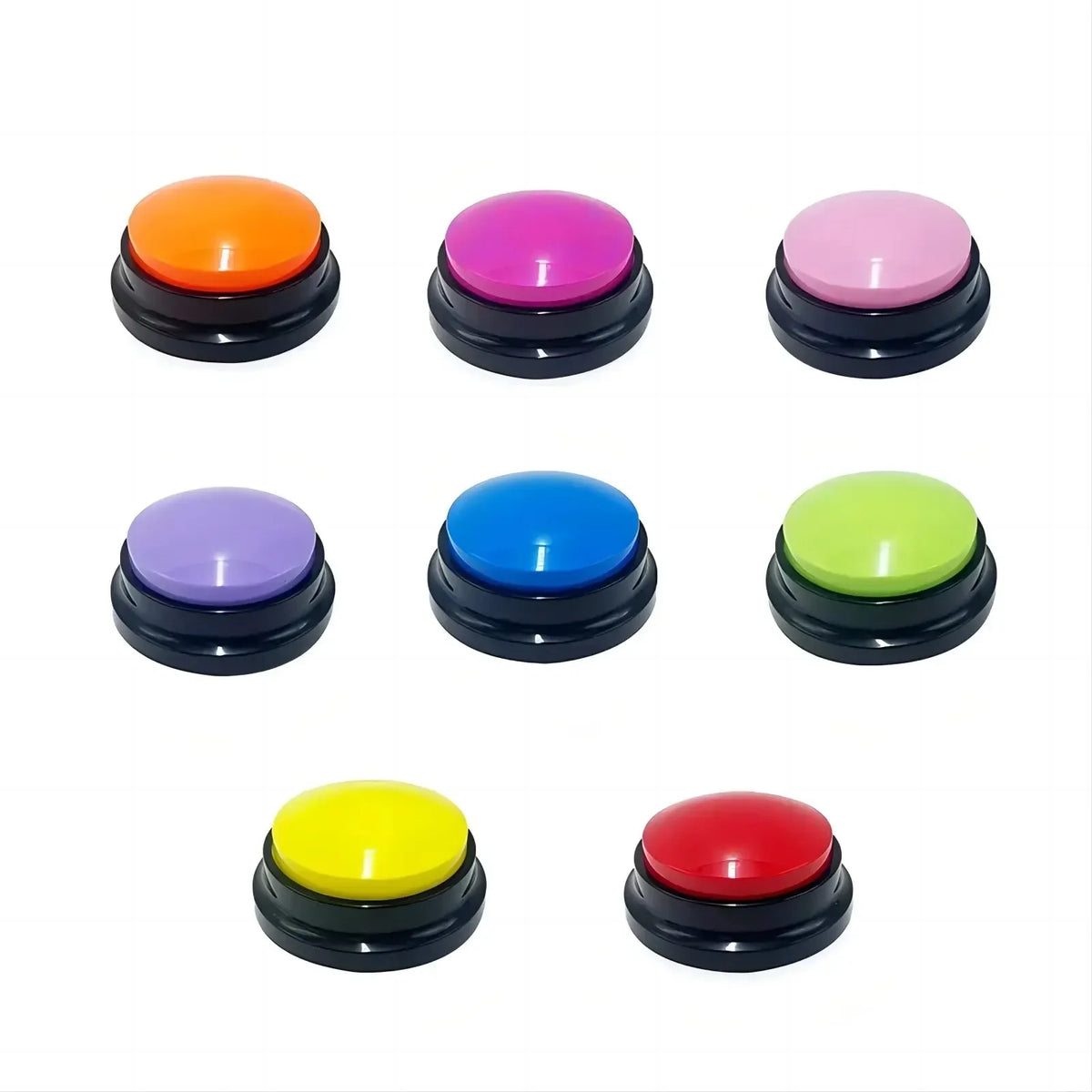 A collection of colorful talking pet training buttons with different colored tops and black bases.
