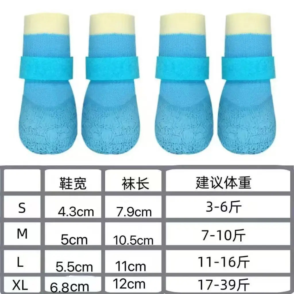 A set of waterproof anti-slip dog socks in various sizes S to XL with corresponding measurements and weight limits.